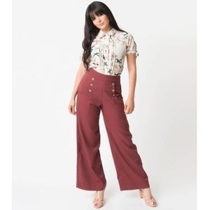 Unique Vintage 1940s Style Dusty Burgandy High Waisted Sailor Ginger Pants